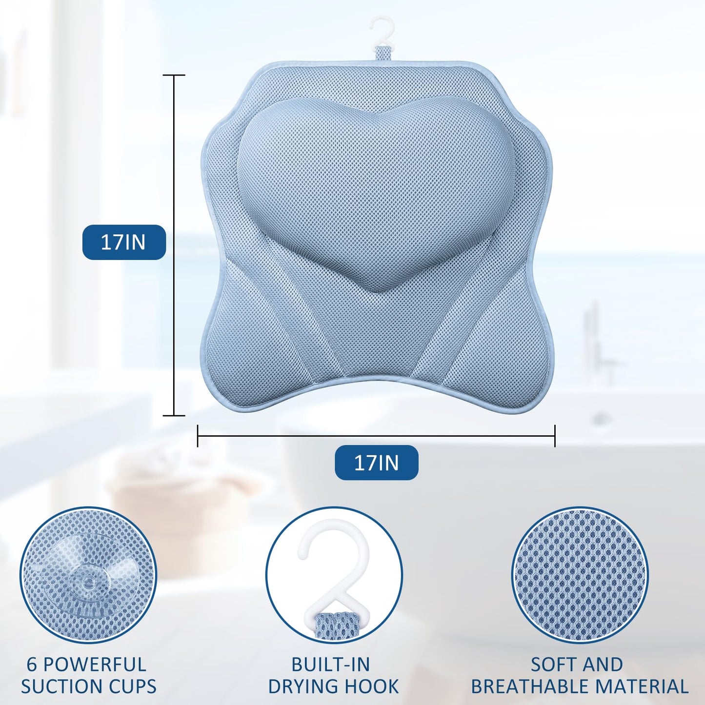 LuxStep Bath Pillow-Bathtub Pillow with Air Mesh Fabric & 6 Non-Slip Suction Cups, Bath Pillows for Tub Head, Neck and Back Support, Bath Accessories Spa Gifts, 17 * 17in, Blue