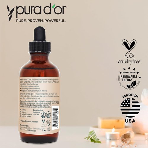 PURA D'OR Nail and Cuticle Oil - Nourishing Biotin & Vitamin E Treatment - 4 Oz Dropper for Healthy Growth