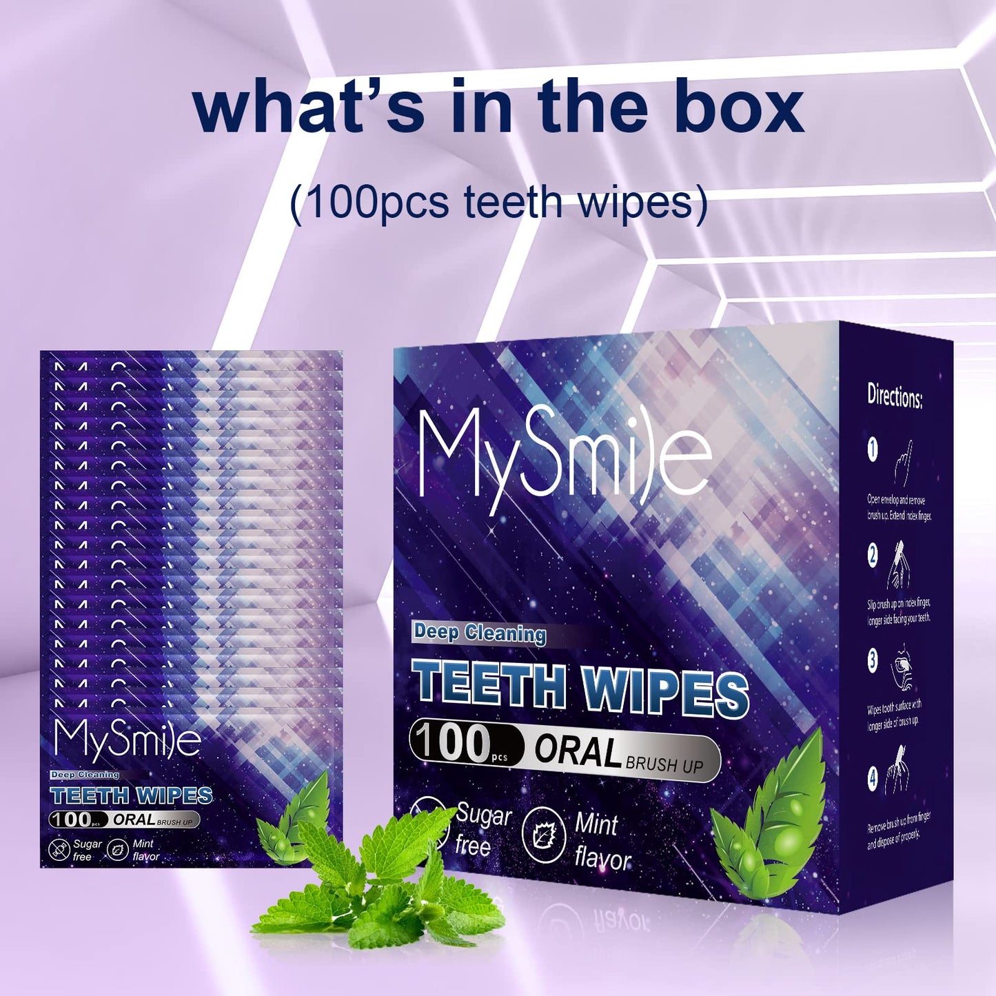 MySmile 100pcs Teeth Wipes Disposal Finger Brush Deep Cleaning Teeth Wipes Oral Brush Up Tooth Wipes for Teeth Cleaning, Mint Flavor