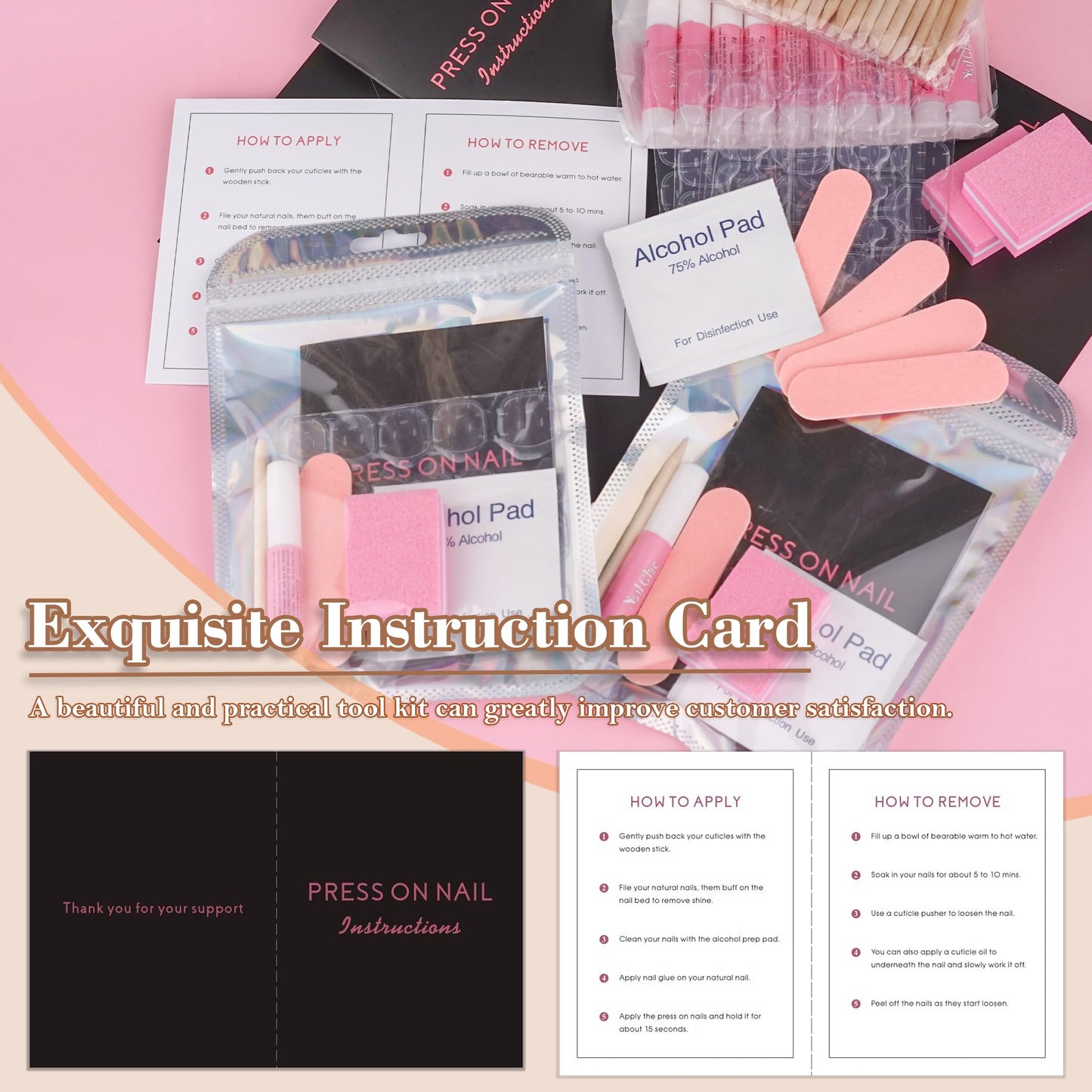 50 Set Press On Nail Tool Prep Kit for Nail Salon Business, Disposable Manicure Kit with Nail File, Buffer, Nail Glue, Prep Pad, Instruction Card, Adhesive Nail Tabs, Wood Stick, Holographic Bag (A)