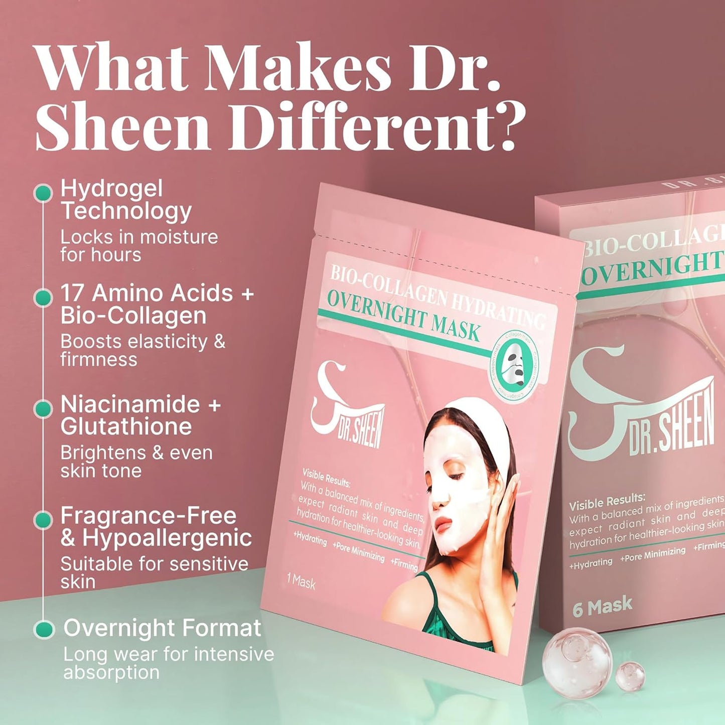 Bio Collagen Face Mask - Overnight Hydrating Hydrogel Masks | 6 Pack for All Skin Types, Anti-Aging & Moisturizing