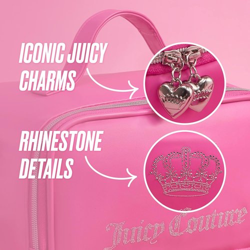 Juicy Couture Double Zip Lunch Tote Bag - Insulated Cooler with Adjustable Strap | Hot Pink Bling Crown Design