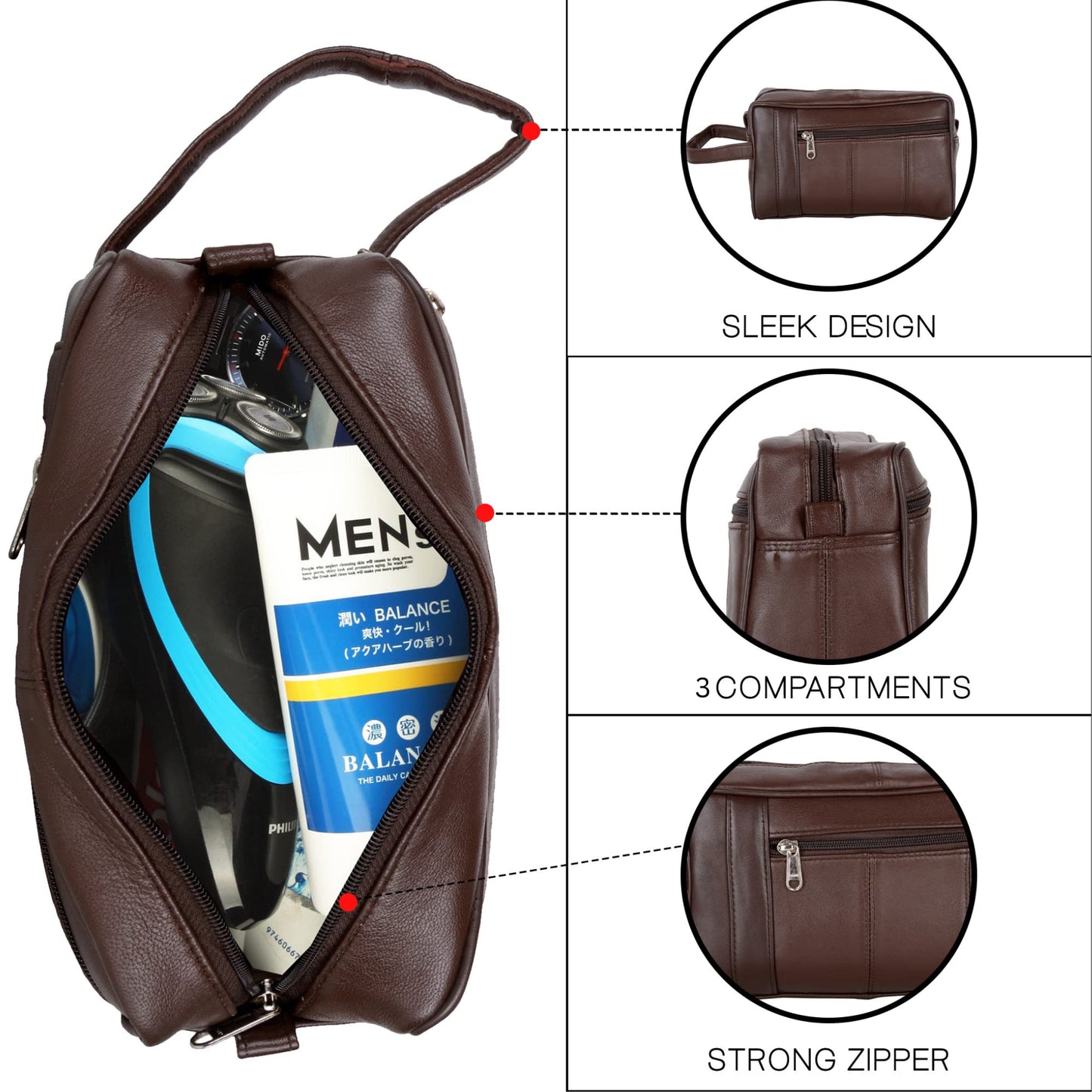 Liberty Leather - Genuine Sheep Nappa Leather Unisex Luxury Toiletry Travel Bag | Bathroom Organizer with Multiple Compartments for Men and Women | Portable Cosmetic Case for Traveling Dopp Kit