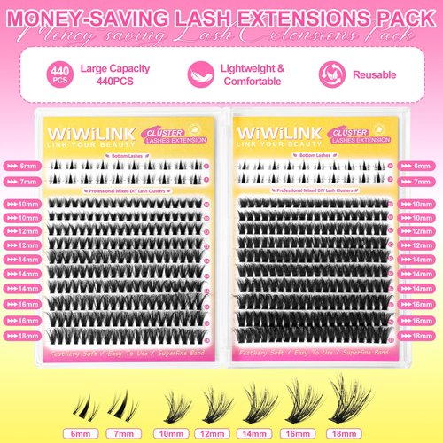 WiWiLINK Wispy Lash Clusters Kit Eyelash Clusters with Bottom Lashes Natural 10-18mm Fluffy 40D 70D Individual Lashes Clusters Wispy Cluster Eyelash Extensions Bond&Seal D Curl DIY Lash Extension Kit