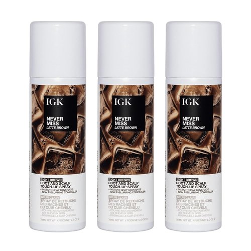 IGK NEVER MISS Root & Scalp Touch-Up Spray - Light Brown Temporary Gray Coverage for All Hair Types | 3 Pack