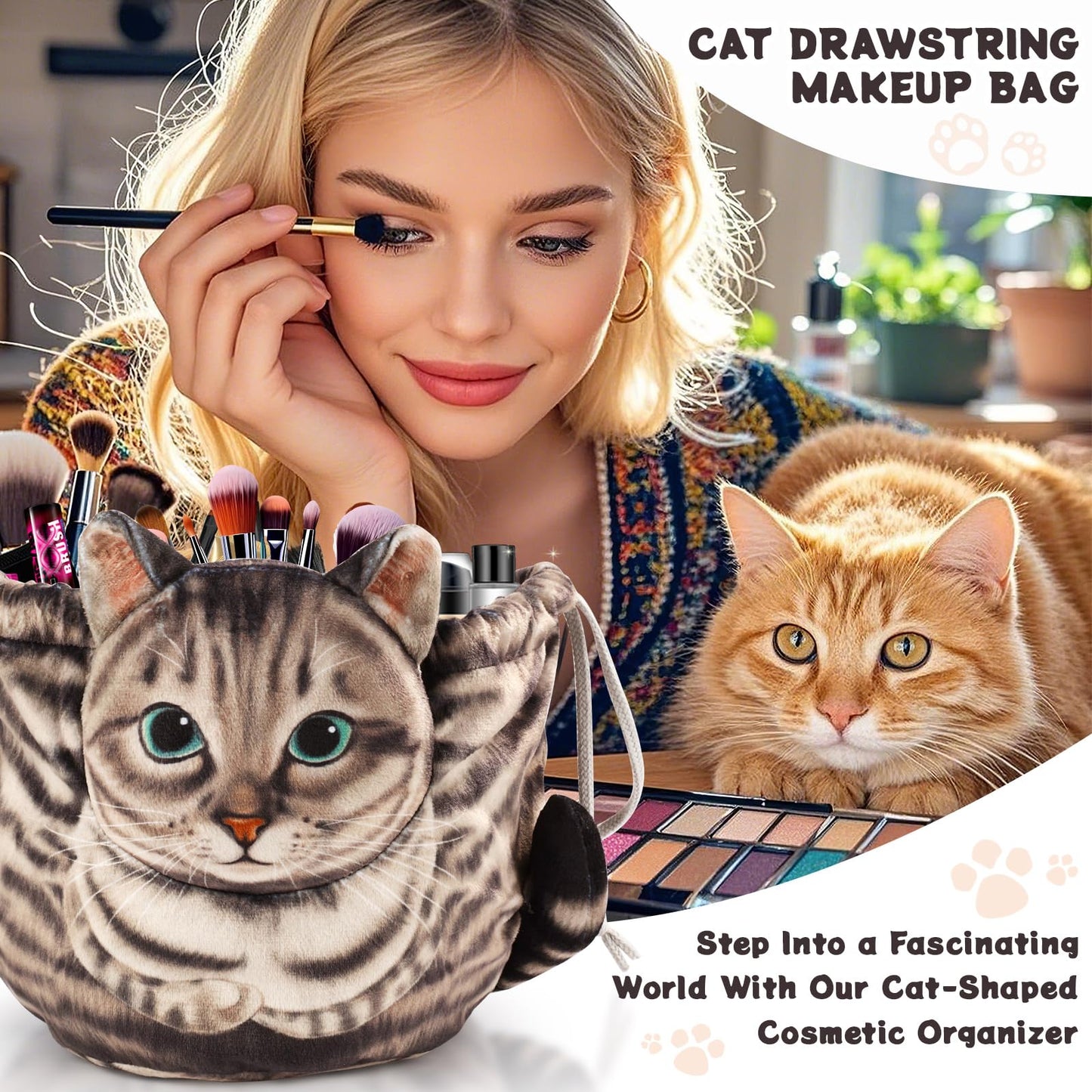 Openhahaha Drawstring Makeup Bag, Cat Makeup Bag, Travel Makeup Organizer, Cosmetic Pouch Bag, Cat Gift for Women, Lay Flat Makeup Bag Gifts for Cat Lovers
