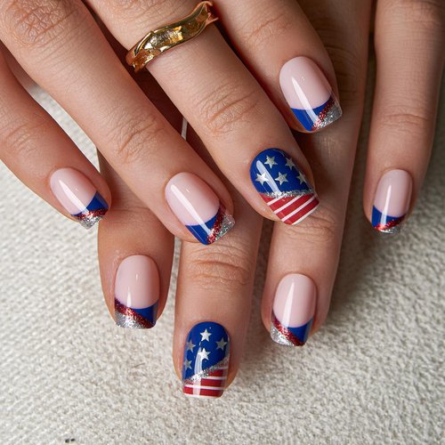 Curvlife Press on Nails Acrylic Fake Nails with AM Design Full Cover False Nails for Women Reusable Nail Kit with Nail Glue Adhesive Tabs