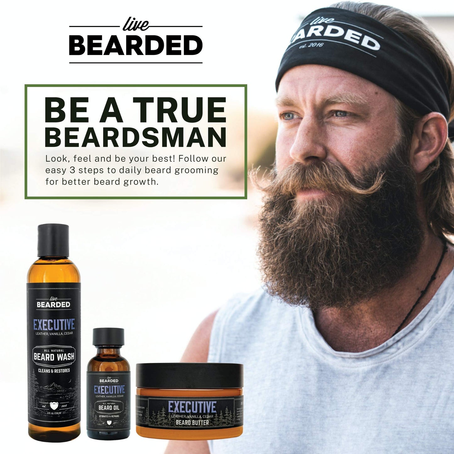 Live Bearded: 3-Step Beard Grooming Kit - Legend - Beard Wash, Beard Oil and Beard Butter - All-Natural Ingredients with Shea Butter, Jojoba Oil and More - Beard Growth Support - Made in the USA