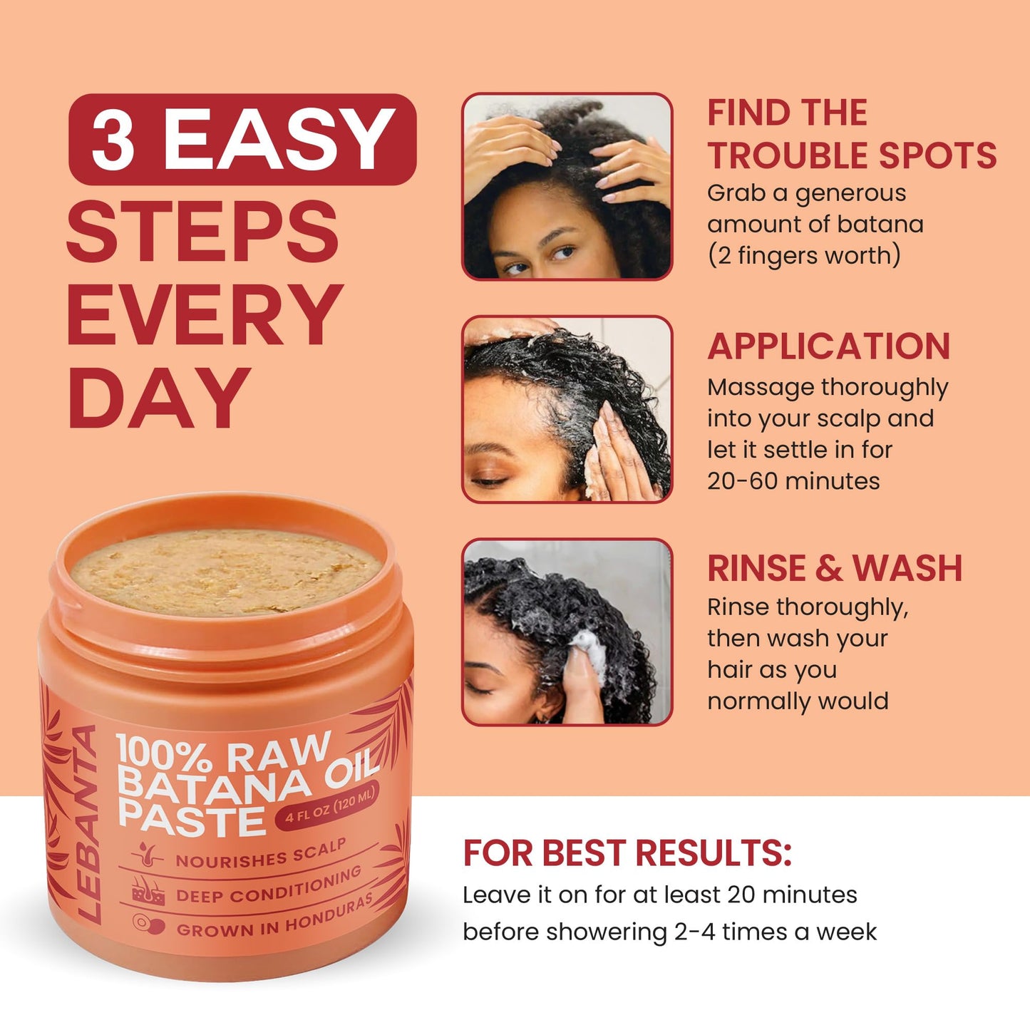 Lebanta Raw Batana Oil for Hair Growth - 100% Pure, Organic 4oz Batana from Honduras for Thick and Strong Natural Hair - Dr. Sebi Unrefined Cold Pressed Cosmetic Scalp Mask for Men & Women (1 Pack)