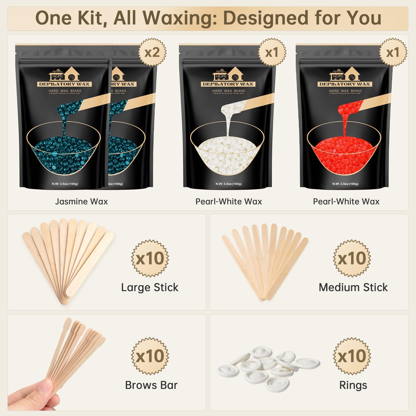 Lifestance Wax Beads Set, 4 Kinds of Waxing Beads, Hard Wax Beans with 44 Items, Perfect for Any Wax Warmers, Wax Beads for Hair Removal for Brazilian Bikini, Face, Armpit