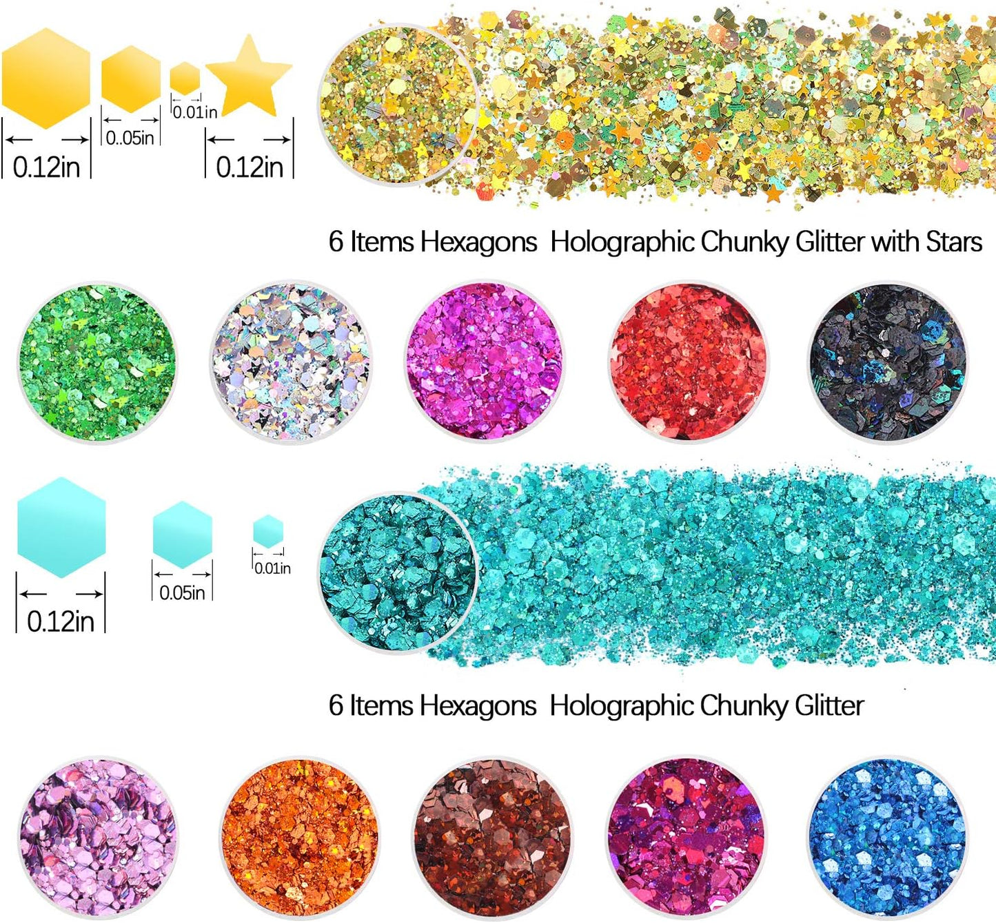 Holographic Chunky Glitter Sequins, 12 Colors Mixed Cosmetic Glitter for Face Body Eye Hair Nail Art Lip Gloss Makeup, Festival Glitter with Different Hexagons Size and Stars (Laser Mix)