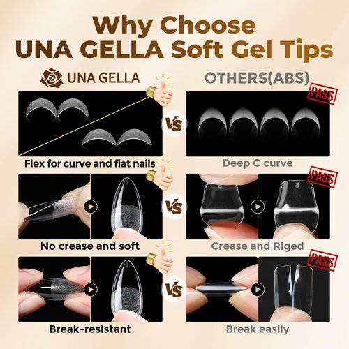 UNA GELLA Almond Gel Nail Tips, 504PCS Pre Etched Clear Fake Nails Tips Medium Almond Shape - 12 Sizes Full Cover Soft Acrylic Press On Nail Extensions No C Curve Gift for Diy at Home