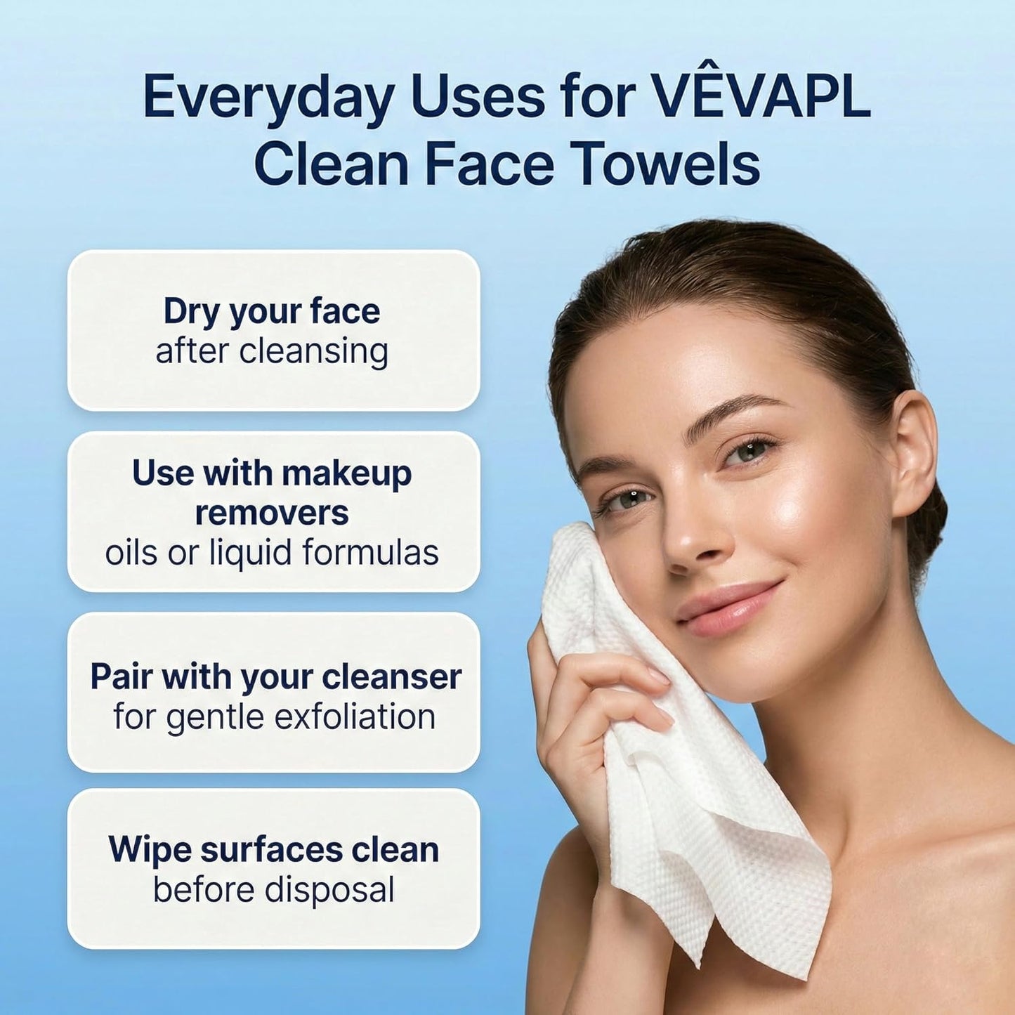 VÊVAPL® Clean Facial Towels - XL 60 Count | 100% Viscose, Ultra Soft & Thick for Skincare & Makeup Removal
