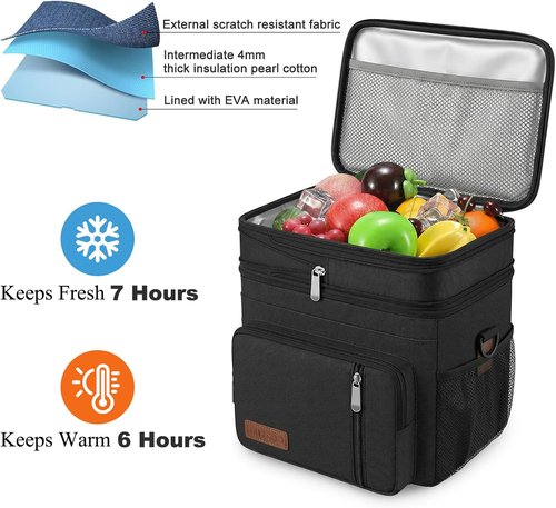 MIYCOO Insulated Lunch Bag - Double Deck Leakproof Cooler for Work & Travel | Large 15L - Black