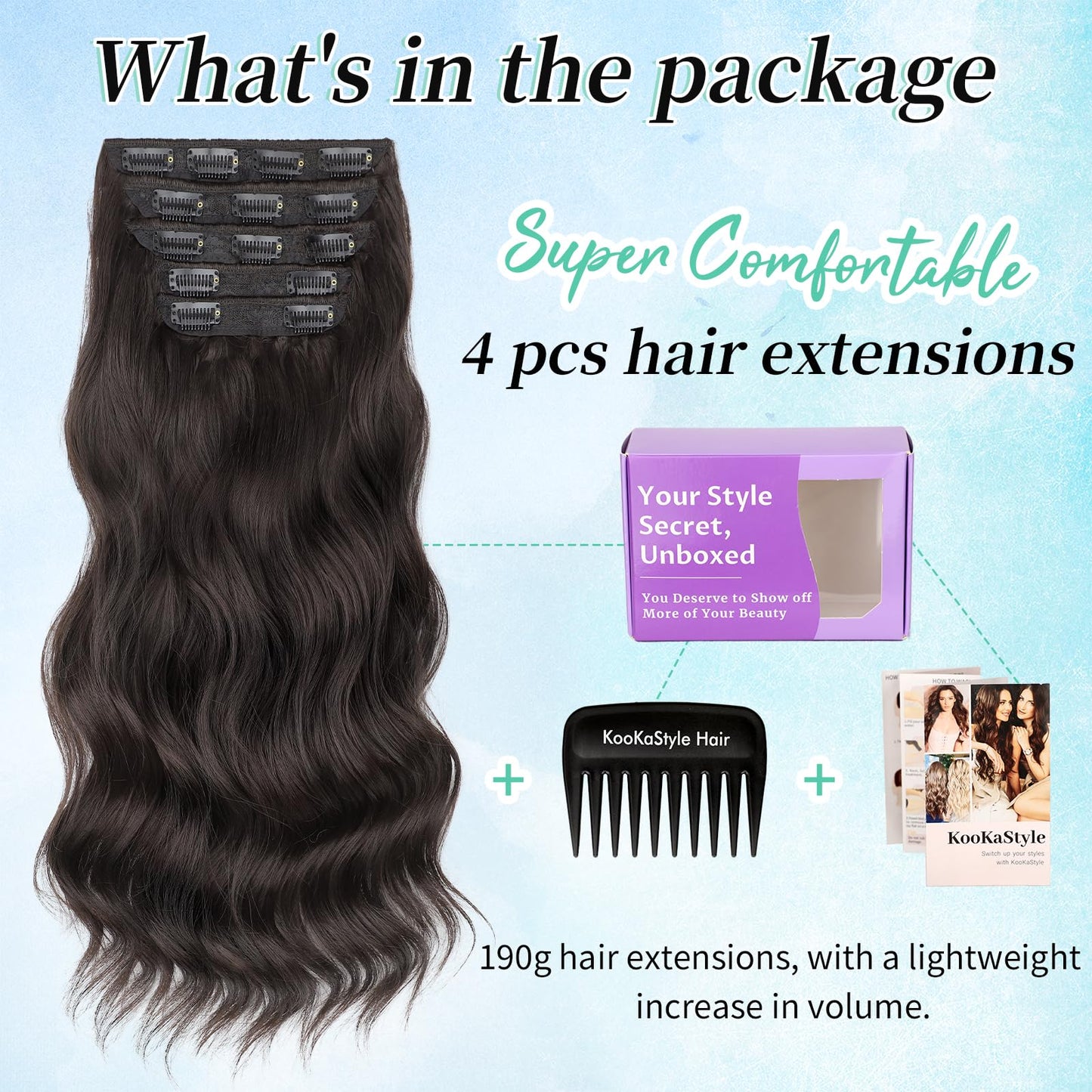 KooKaStyle Hair Extensions 5PCS Long Wavy Upgrate Invisible Full Coverage Edges Seamless Clip in Extensions for Women 20 Inch Dark Brown Synthetic Natural Hairpieces