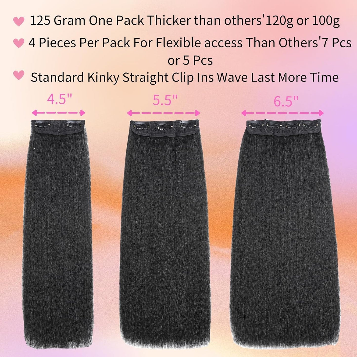 22inch Kinky Straight Clip ins Hair Extensions for Black Women 340g 8 Pcs 22Clips Full Head Yaki Straight Clip ins Synthetic Hair Natural Black for Black Women(2 Pack)