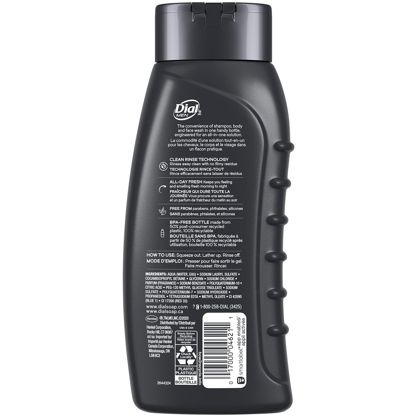 Dial Men 3in1 Body, Hair and Face Wash, Ultimate Clean, 20 fl oz , 4 Count (Pack of 1)