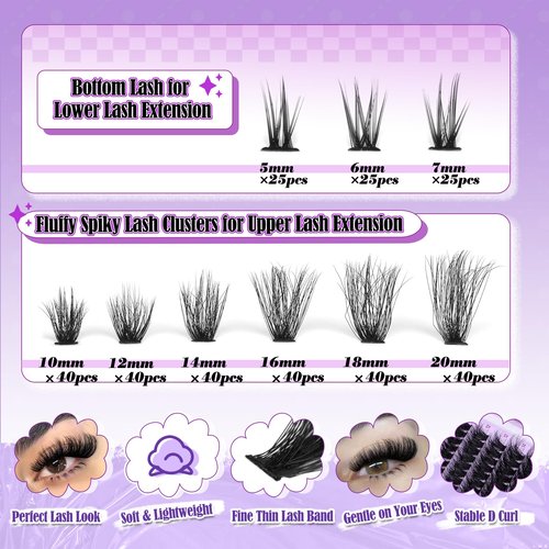Yawamica Cluster Eyelash Extensions Fluffier Lash Clusters with Bottom Lashes 200D Volume Individual Lashes 315pcs Wispy Eyelash Clusters 10-20mm DIY Lash Extension at Home