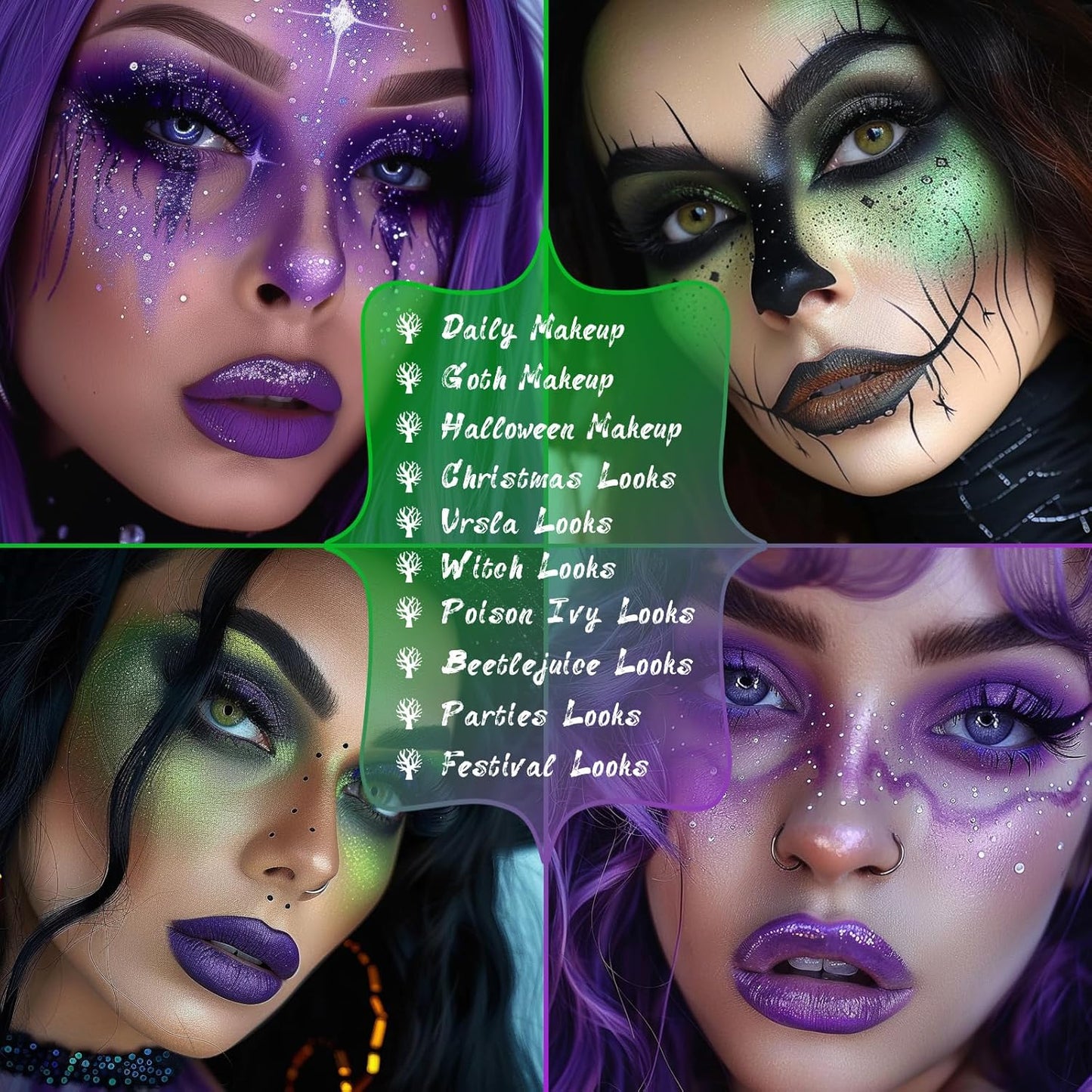 UCANBE Eyeshadow Palette Set - 2pcs Green & Purple Shimmer Matte Metallic Colors | Includes Soft Brush for Halloween Cosplay