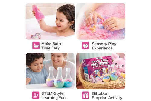 Zenseme Kids Bath Bombs Powder with Mini Unicorn Inside β Bubble Bath for Kids β Bathtime Experiment Kit Mix - Blast of Foam & Colour Surprise β Gift Set of 4