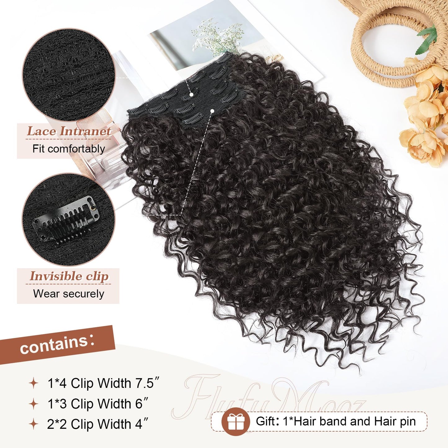 Clip in Hair Extensions, FLUFYMOOZ 4PC 100ï¼… Pure Protein Silk Hair Extensions Long Soft Natural Hairpiece 20 Inch Curly Hair Extension for Women (Dark Chocolate Brown)