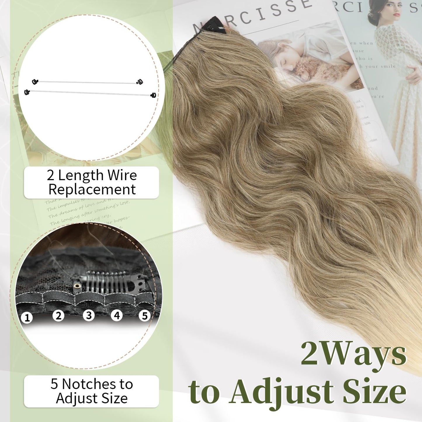 KooKaStyle Invisible Wire Hair Extensions with Transparent Headband Adjustable Size 4 Secure Clips Long Wavy Secret Wire Hairpiece for Women 16 Inch Ash Brown mix Bleach Blonde