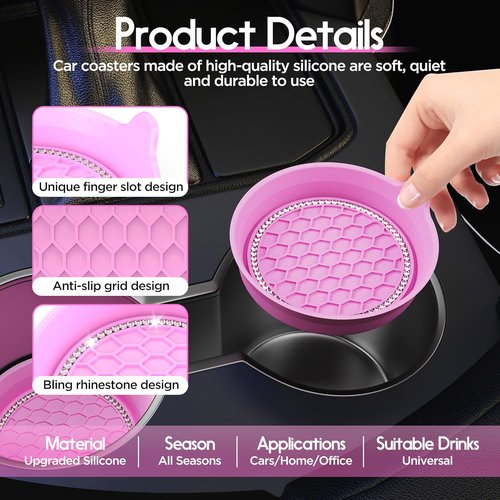 Amooca Car Cup Coaster - Universal Non-Slip Rhinestone Holders | 4-Pack Pink Interior Accessories