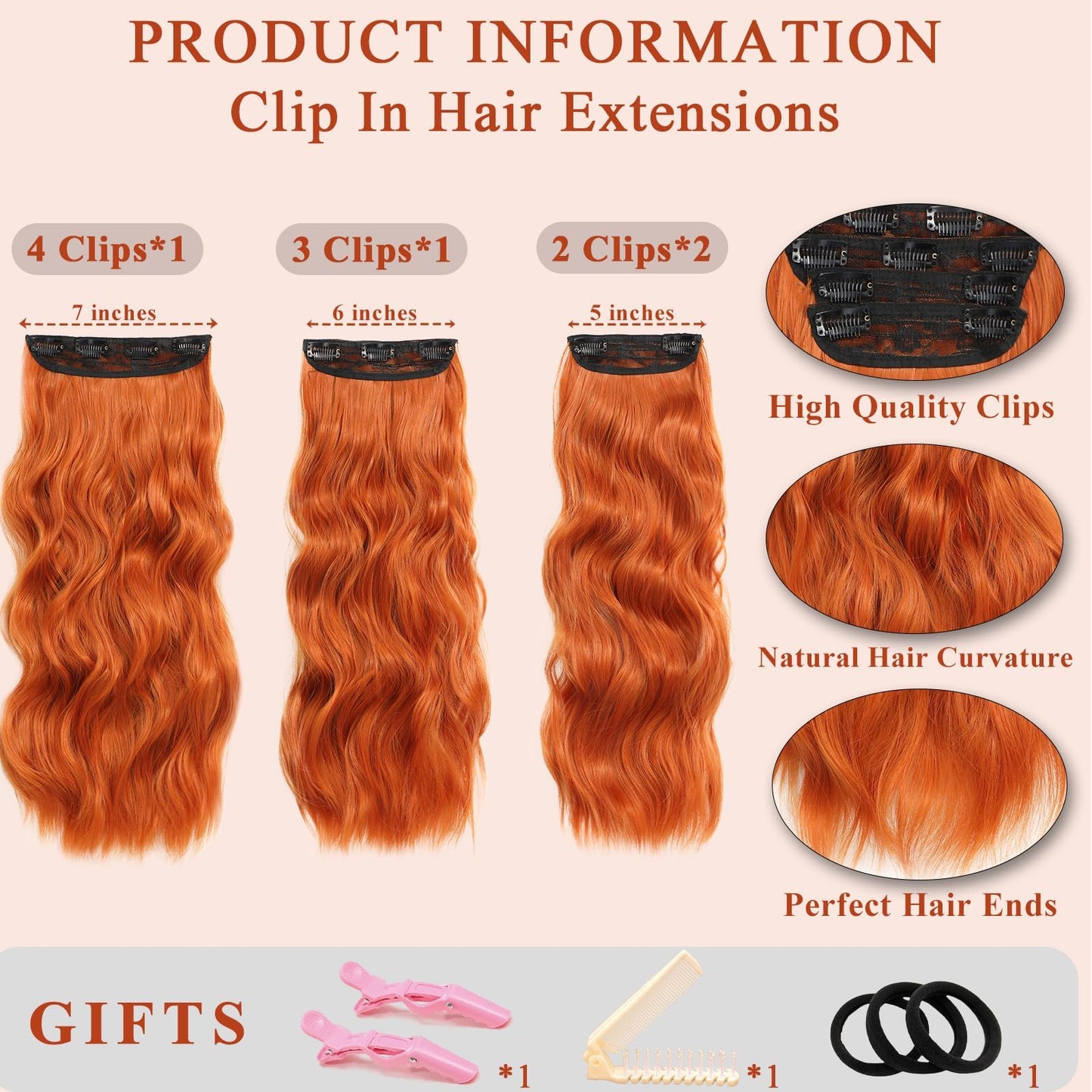 NAYOO Clip in Curly Hair Extensions 4PCS Long Wavy Synthetic Thick Hairpieces with Fiber Double Weft for Women Hair Full Head (20 Inch, Ginger Orange)