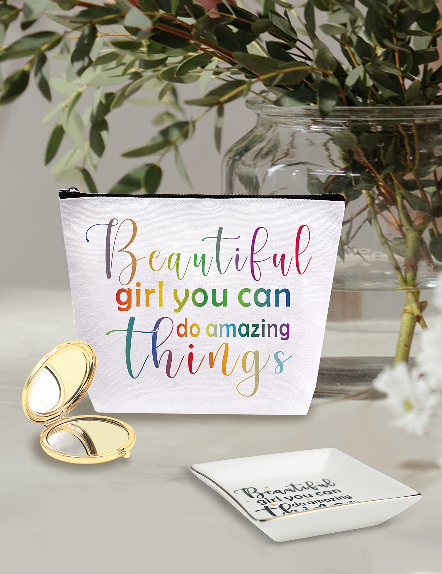 VeryMerryMakering Beautiful Girl You Can Do Amazing Things, Inspirational Gifts for Women, Amazing Gifts for Teen Girls, Beautiful Gift Makeup Bag, Inspirational Jewelry Dish, Amazing Mirror