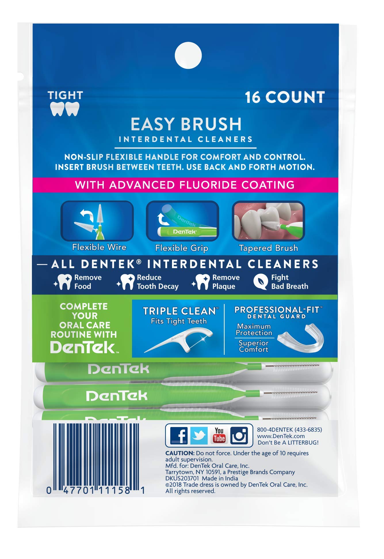 DenTek Easy Brush Interdental Cleaners, Brushes Between Teeth, Tight Teeth, Mint Flavor, 16 Count (Pack of 6)