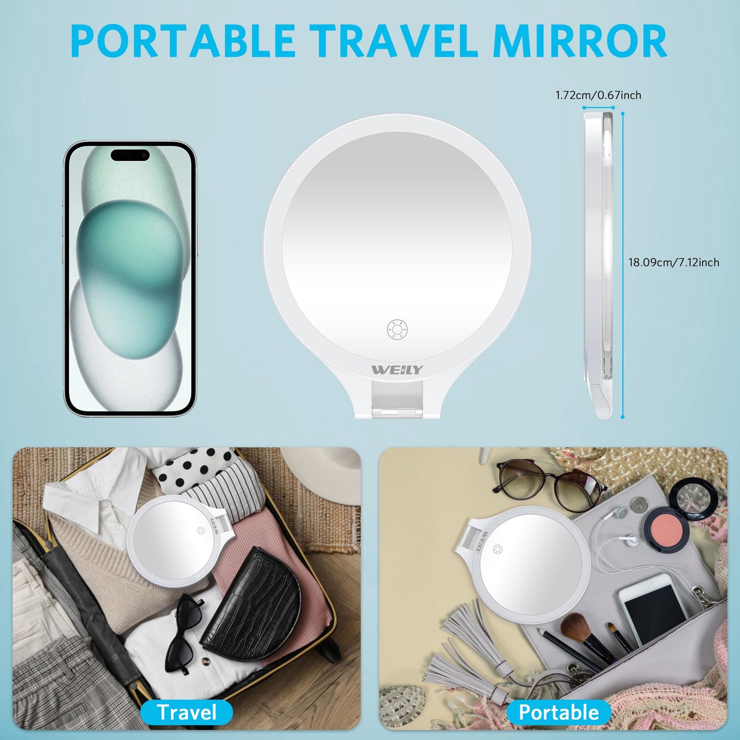 WEILY Magnifying Mirror with Light, 10X/1X Magnification Double-Sided Travel Makeup Mirror, with 3 Color Lights, Touch Control, Rechargeable Portable Mirror for Bedroom, Bathroom (White)