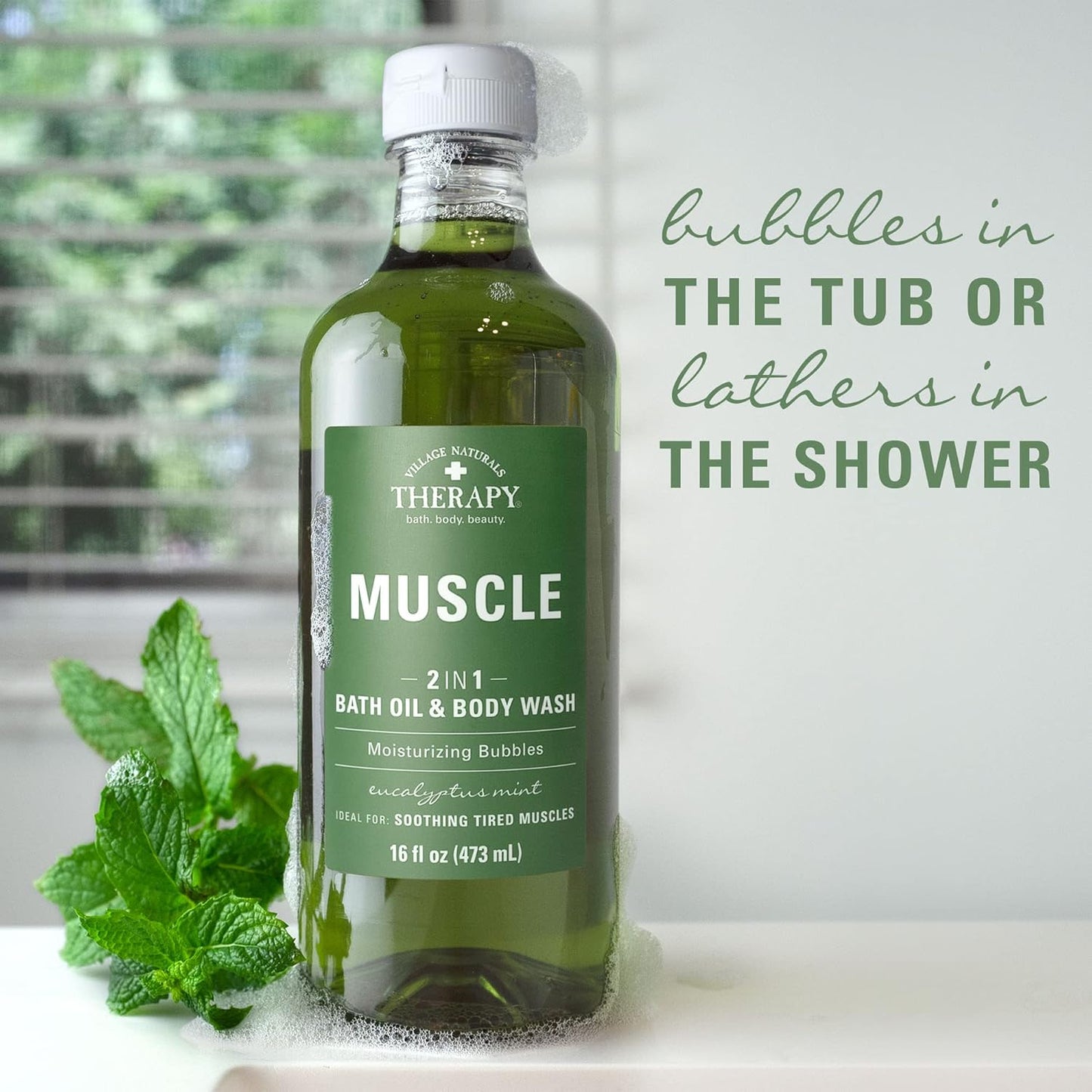 Village Naturals Therapy Muscle Foaming Bath Oil | Relaxing Body Wash - 16 oz (2 Pack) - Green