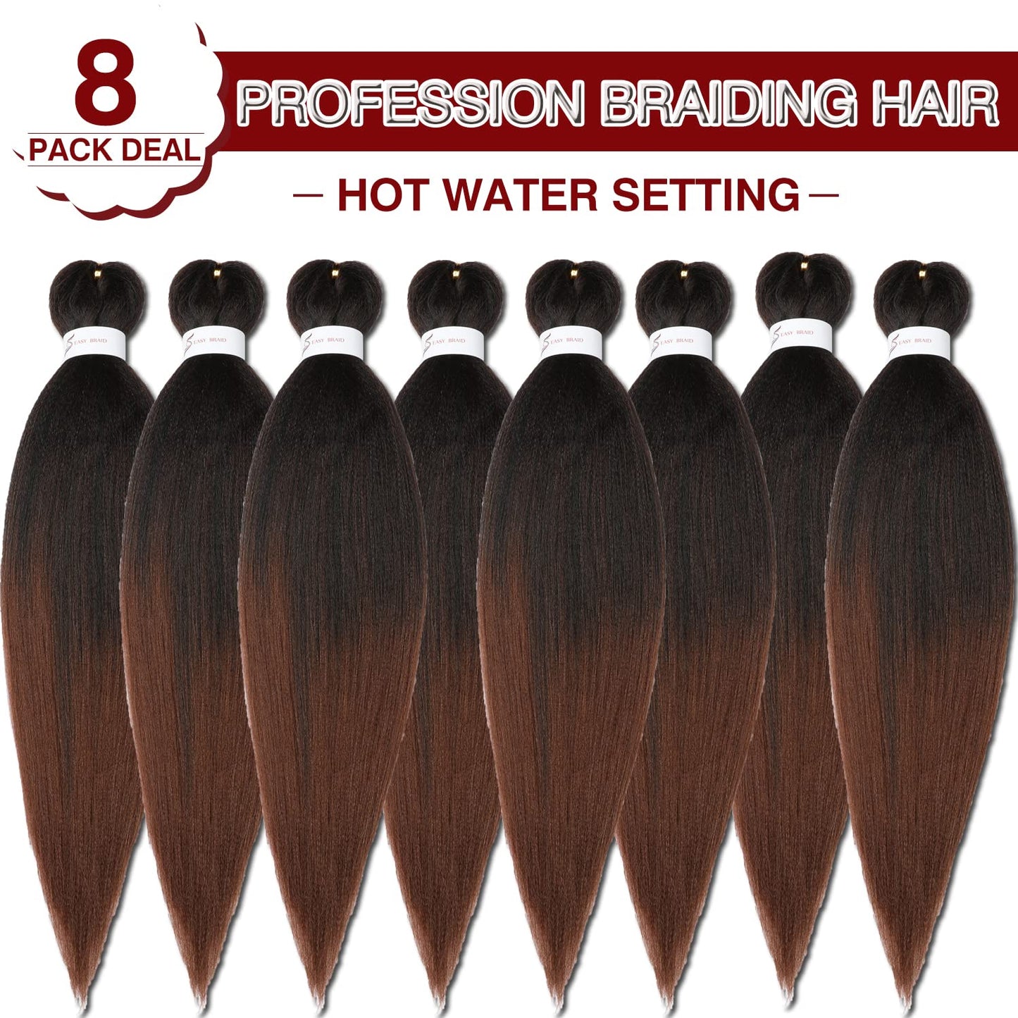 Pre-Stretched Braiding Hair Extension Ombre Natural Black To Brown Crochet Braiding Hair 20 Inch 8 Packs Hot Water Setting Professional Yaki Synthetic Hair For Twist Braids (20Inch,#1B/30)