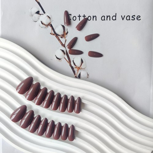 Brown Almond Shaped Nails, Medium Length, 24pcs Press On False Nails, Reusable, No UV Light Needed