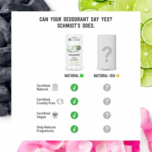 Schmidt's Aluminum-Free Vegan Deodorant - Fresh Cucumber Scent | 24-Hour Odor Protection, 2.65 oz