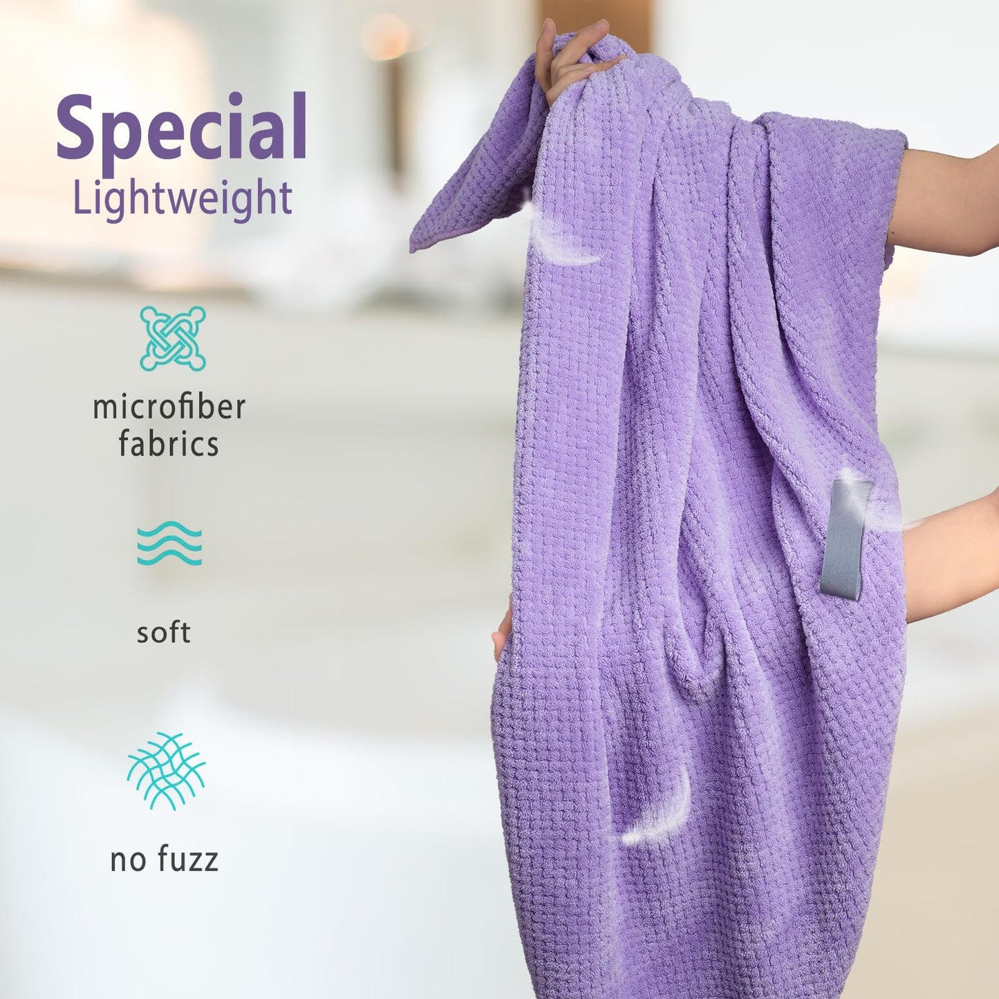 Sackei Large Microfiber Hair Towel Wrap 43.3" x 35.4" Soft Anti Frizz Hair Drying Towel with 2 Elastic Band, Super Absorbent Fast Dry Plopping Hair Turbans for Women Wet Long Curly Hair Purple