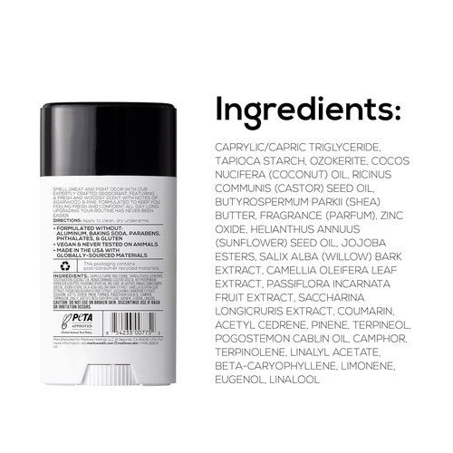 Marlowe. Men's Deodorant Stick - Aluminum Free, Clean Vegan Formula with Coconut Oil & Shea Butter, 2.5 oz - Fresh Sage & Fir Scent