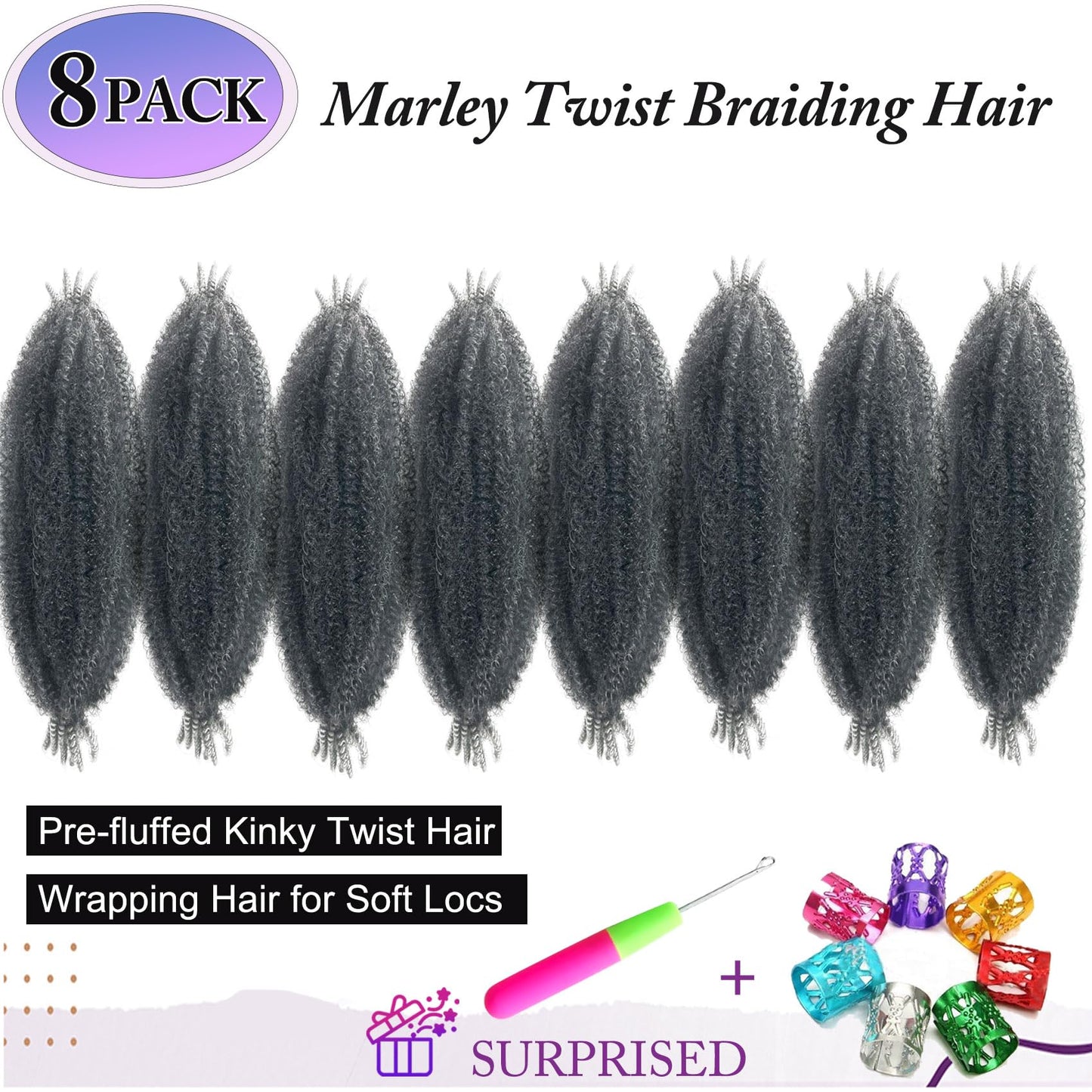 8Packs Pre-Separated Springy Afro Twist Hair 18Inch Kinky Braiding Hair Soft Marley Twist Braiding Hair Ombre Grey Crochet Hair for Black Women (8Packs,TGrey#)