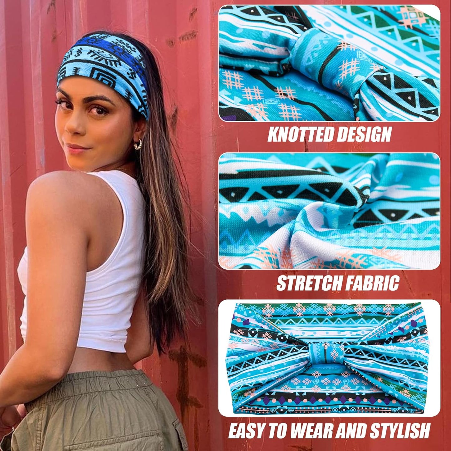 Yeshan Women's Wide Boho Knotted Non-Slip Turban Headwraps - Stretchy Bandeau Hair Bands for Sports, Yoga, Workouts, Pack of 8