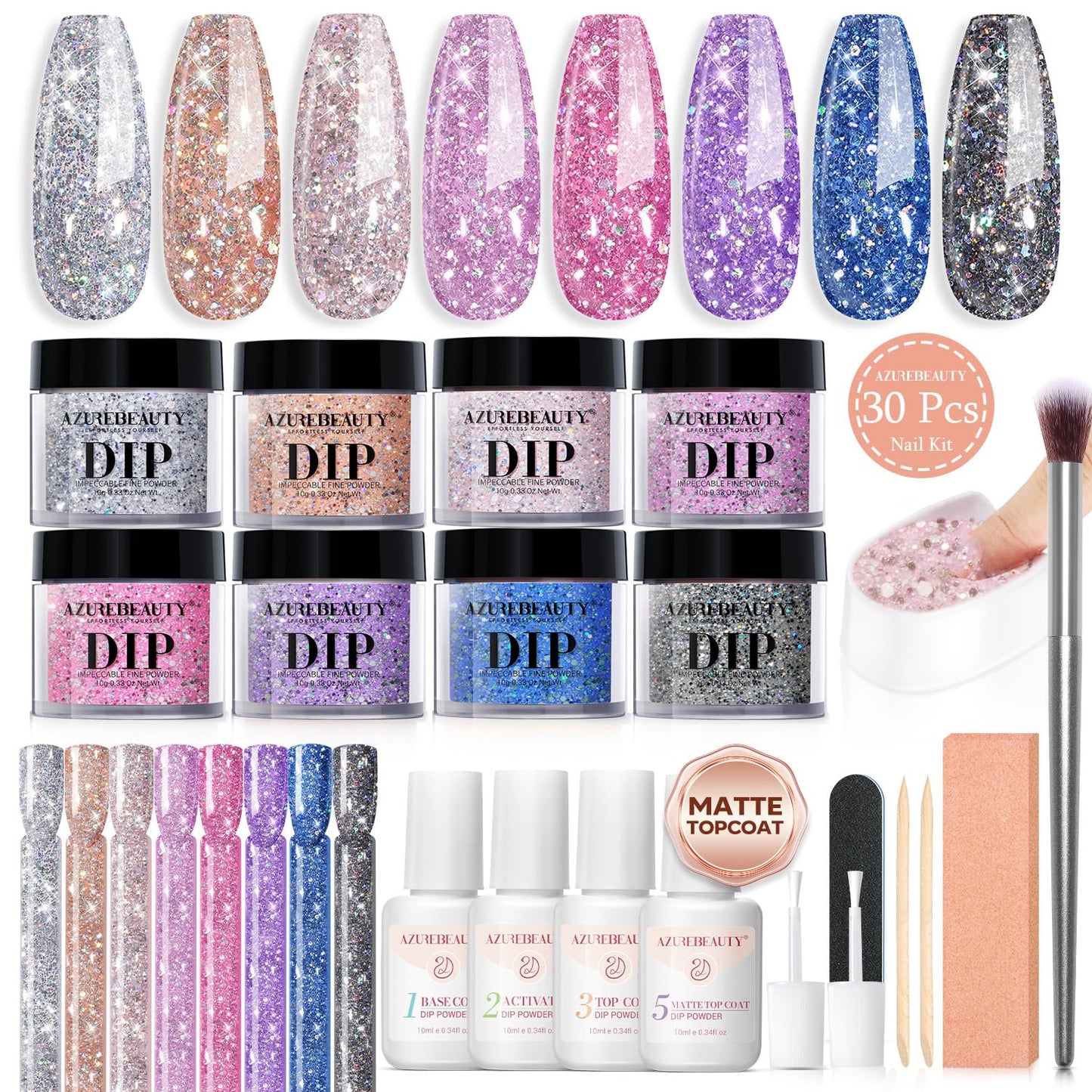 AZUREBEAUTY Dip Powder Nail Starter Kit with Matte Coat, 8 Hot Pink Glitter Neon Summer Color, Dipping Powder Liquid Set with Base/Top Coat/ Activator/10 Nail Sticks Salon at Home