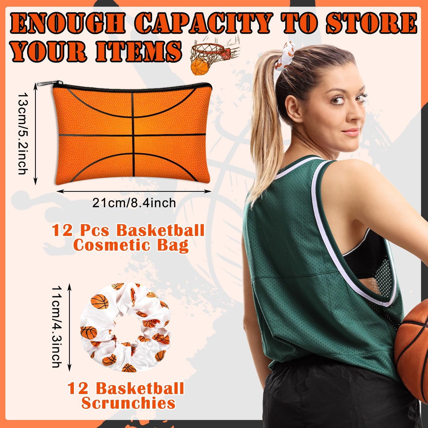 Moukeren 24 Basketball Stuff Set Cosmetic Bags Sport Makeup Bags Pencil Case Portable Storage Case Satin Sport Hair Scrunchies Elastic Hair Bands Basketball Gifts for Girl (White,Sports)