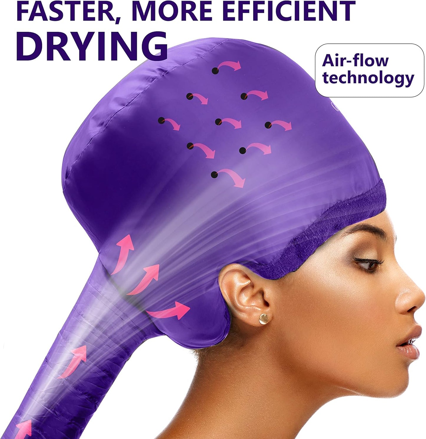 Bonnet Hair Dryer w/A Headband Integrated That Reduces Heat Around Ears & Neck - Diffuser Cap for Hair Dryer Curly Hair, Speeds Up Drying Time, Deep Conditioning at Home - Large (Purple)