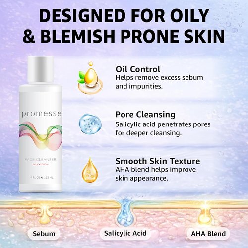 promesse Acne Control Facial Cleanser with Glycolic & Salicylic Acid | Anti-Aging Gentle Exfoliating Face Wash | Rose Scented Hydrating Cleanser with Natural Ingredients for Skin Wash - 4 fl oz