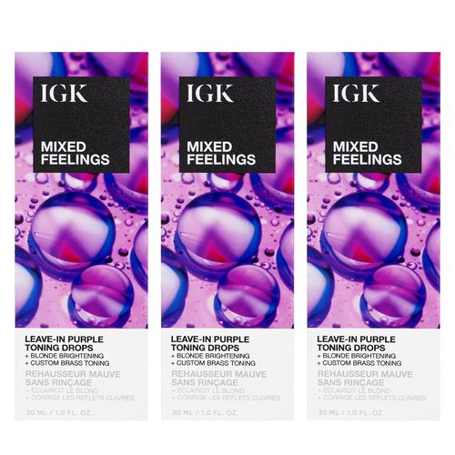 IGK Mixed Feelings Leave-In Blonde Toning Drops | Customizable Purple Pigment for Neutralizing Brassiness – 3 Pack, Sulfate-Free & Paraben-Free