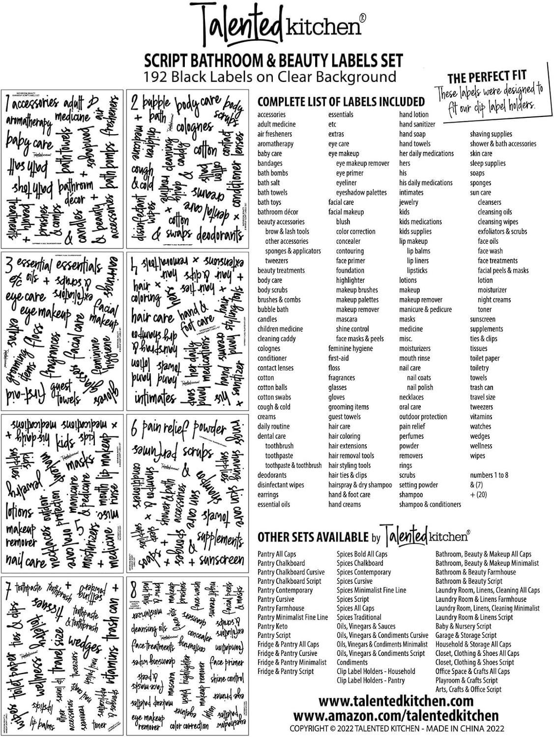 192 Waterproof Kitchen & Bathroom Labels - Transparent Vinyl Black Script Stickers for Jars & Makeup Storage