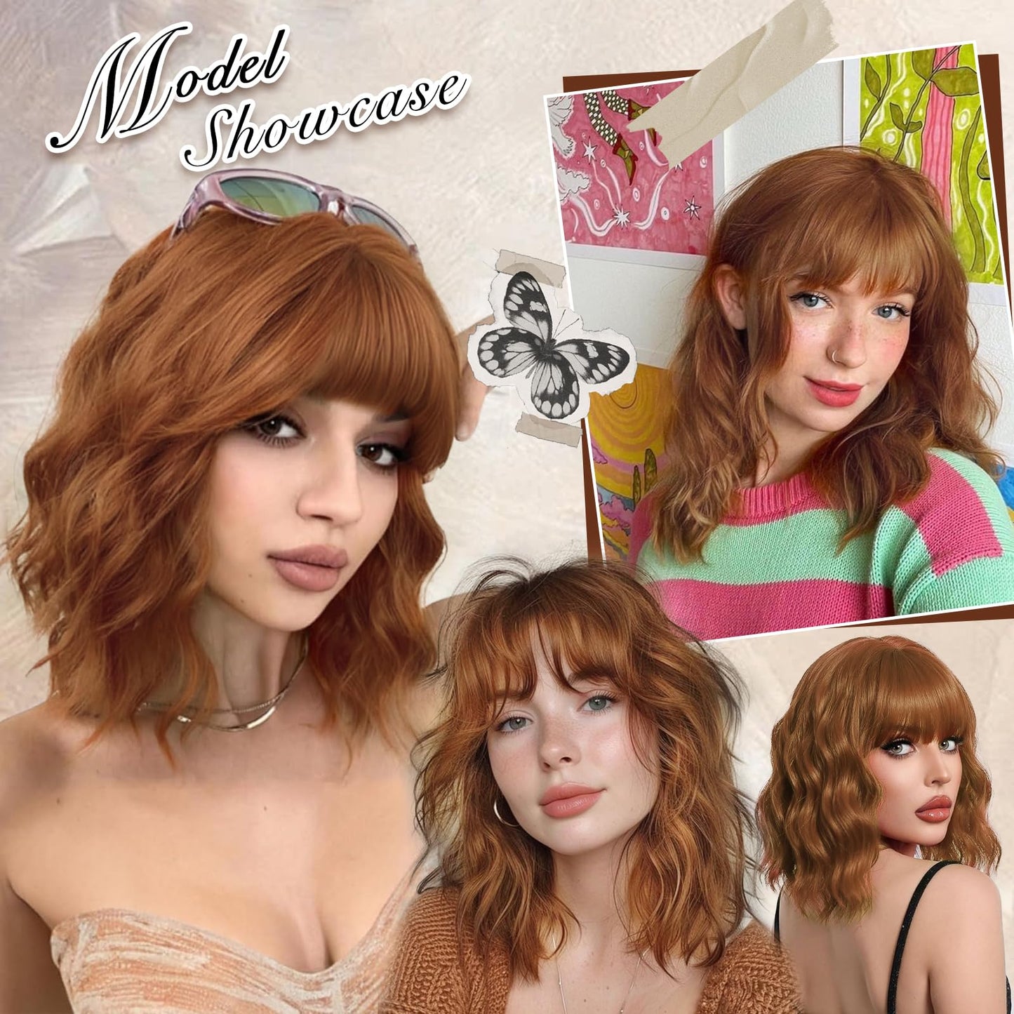 Lativ Auburn Wig with Bangs Short Bob Wigs for Women Shoulder Length Ginger Wavy Curly Wigs Synthetic Fiber Wigs 14 Inches for Daily Party Use