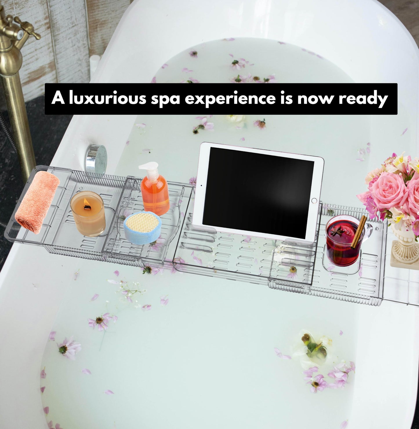 TaikonLab Expandable Bathtub Tray for Tub, Clear & Easy Maintenance Acrylic Material, Bath Organizer for Relaxing Spa, Fits Most Bathtubs and Bathroom Décor Style, Bath Tub Caddy Tray for Women