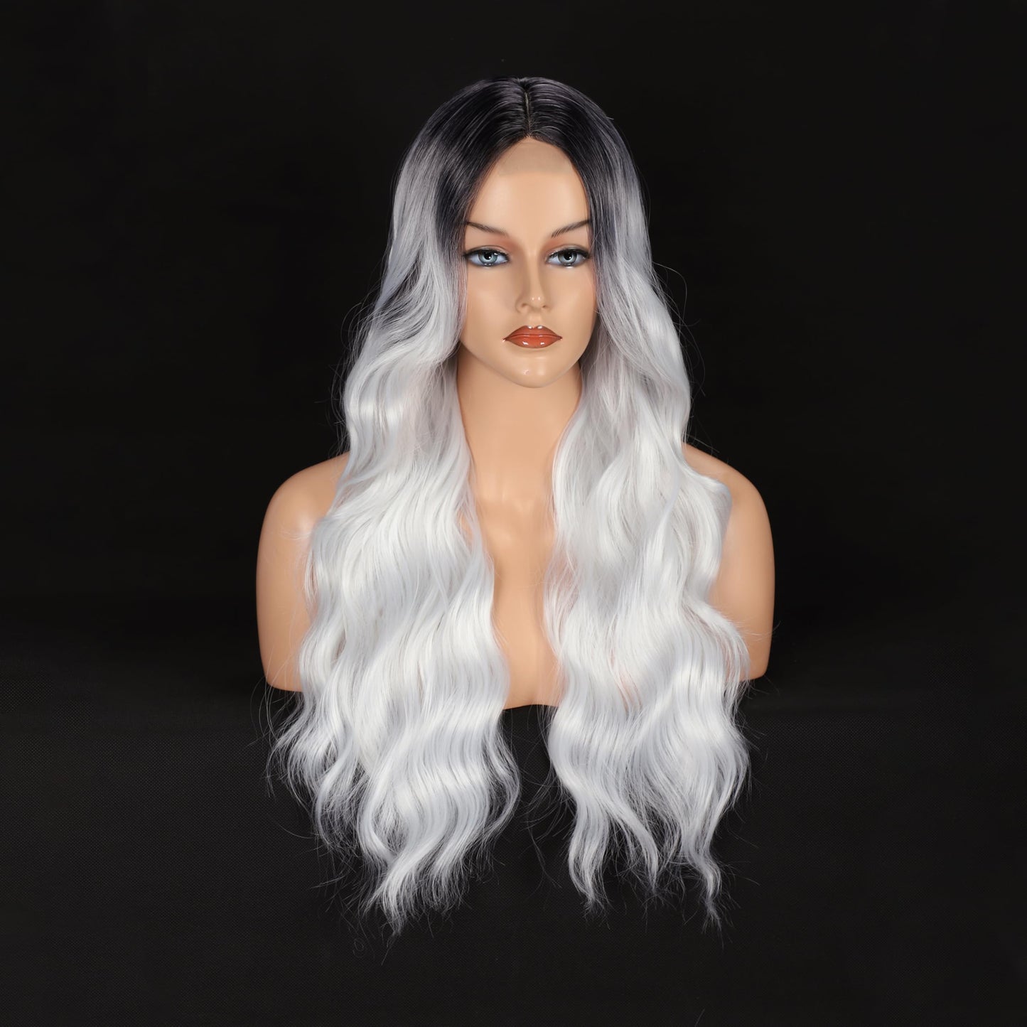 Colorful Queen Ombre Black Grey Wig 26 Inch Long Wavy White Wigs for Women Curly Wig Heat Resistant Synthetic Lace Wig Natural Looking for Cosplay Daily Use
