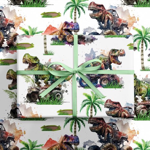 RUSPEPA Dinosaur Wrapping Paper Roll for Kids Boys, Mini Roll, Watercolor T-Rex and Monster Truck Gift Wrap Paper for Birthday, Dino Party, Adventure Celebration, 17 Inches X 16.4 Feet