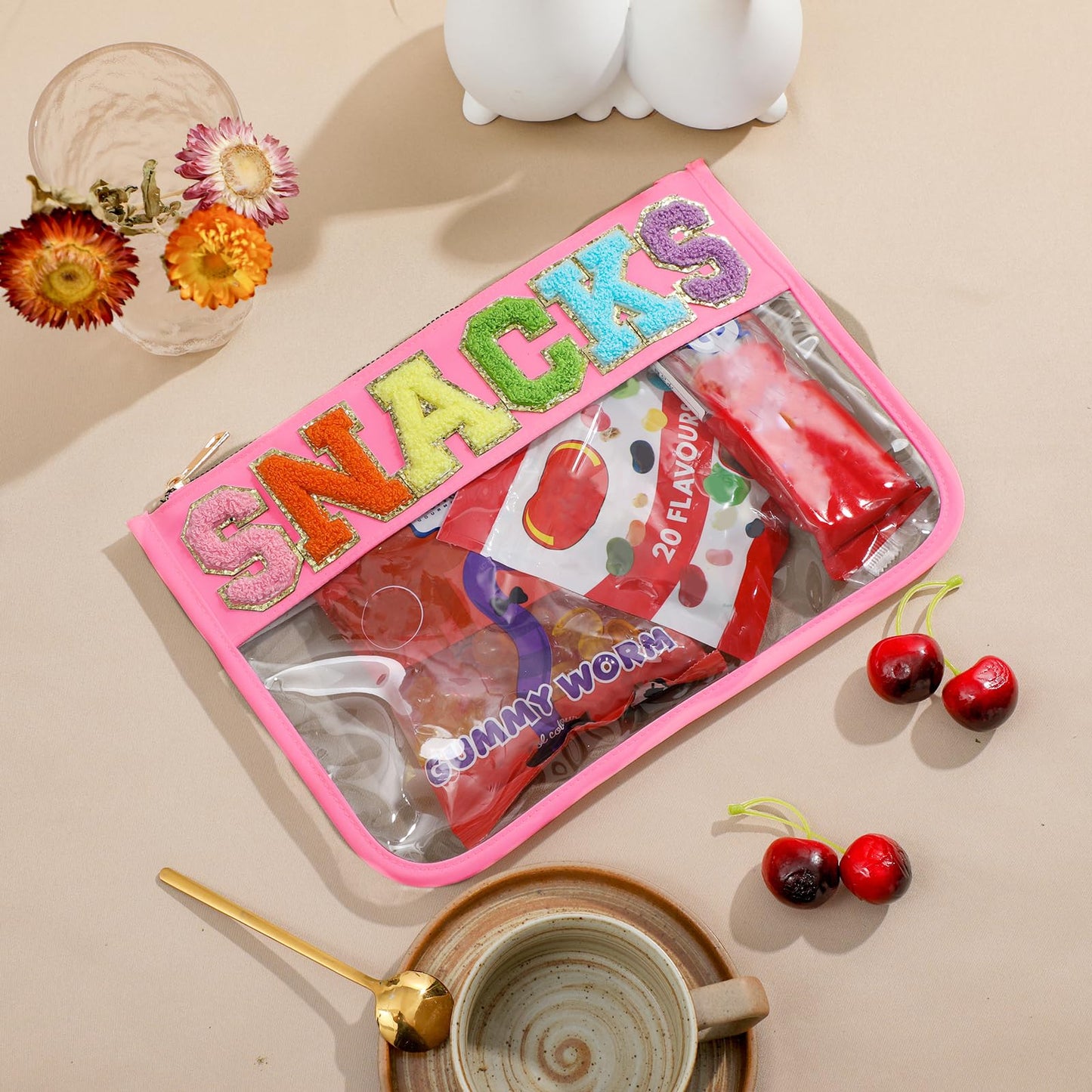DYSHAYEN Snack Bag for Travel,Chenille Letter Clear Zipper Pouch,Nylon Clear Cosmetic Bag,Preppy Makeup Travel Bag for Women (Pink-Snacks)
